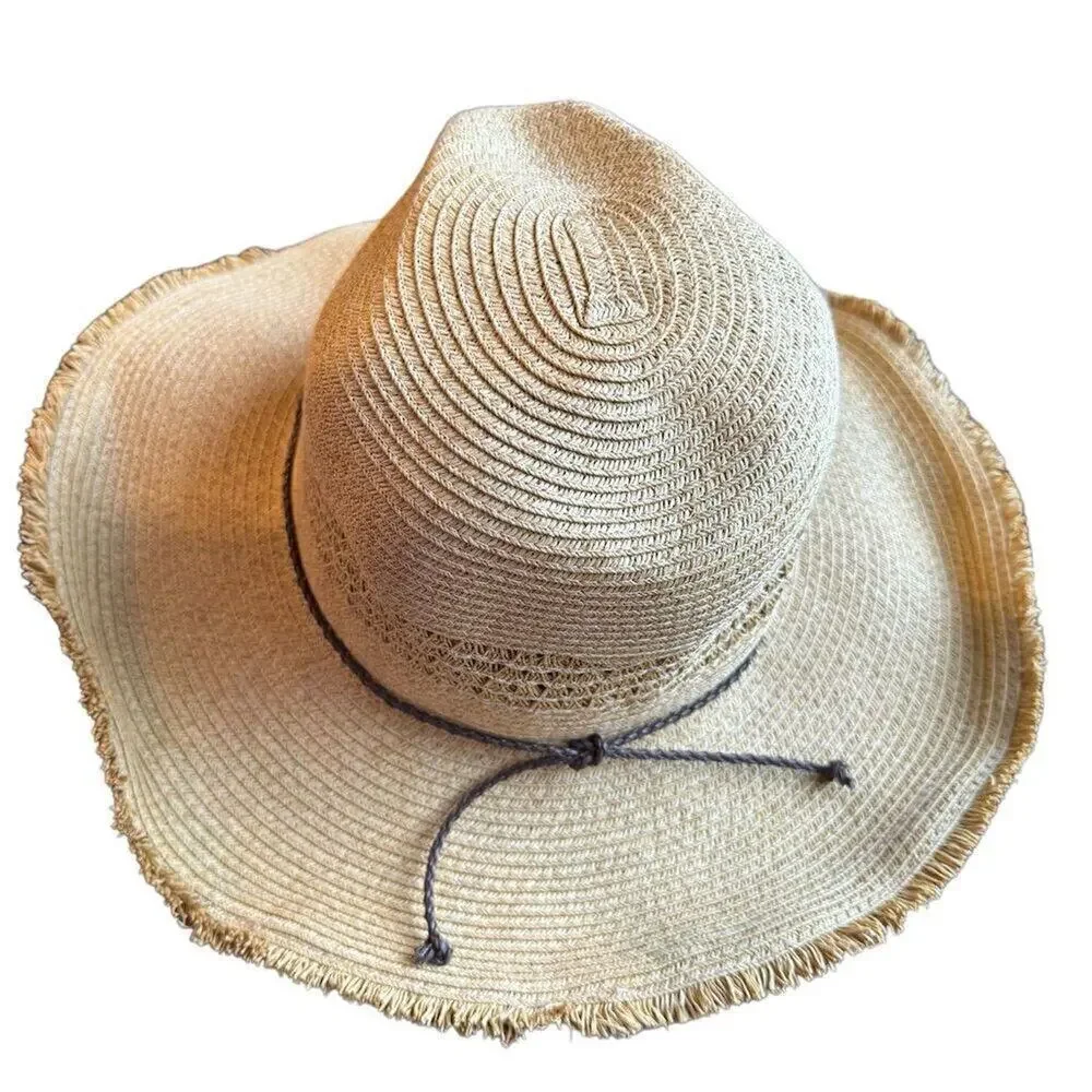 Women's Beige Straw Sun Hat Wide Brim Frayed Lightweight One Size